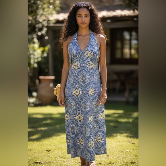 TOMMY HILFIGER Blue and Yellow paisley Backless Dress size 4 - Picture 2 of 14